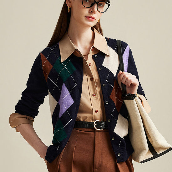COMOBOCA Navy Blue 100% Cashmere Women's Argyle Pattern Button-Up Cardigan