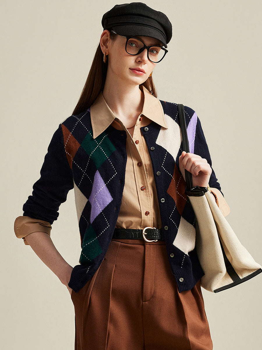 COMOBOCA Navy Blue 100% Cashmere Women's Argyle Pattern Button-Up Cardigan