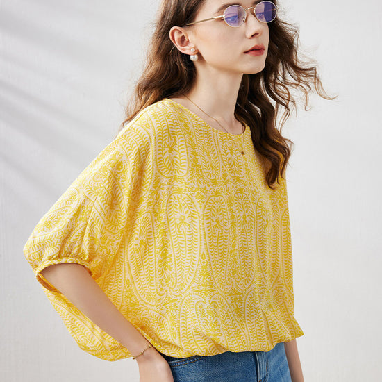 COMOBOCA 100% Mulberry Silk Women's Floral Printed Puff Sleeve Blouse