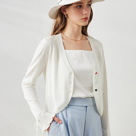 COMOBOCA Women's Heart Button Cropped Ruffle Bell Cardigan