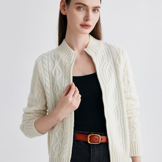 COMOBOCA 100% Cashmere Women's Cable Knit Zip Up Cardigan