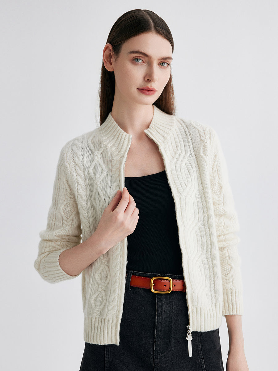 COMOBOCA 100% Cashmere Women's Cable Knit Zip Up Cardigan