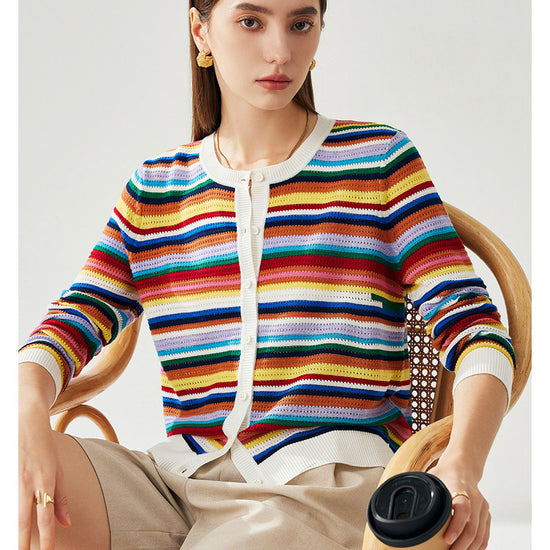 COMOBOCA Women's Ribbed Rainbow Striped Knit Cardigan