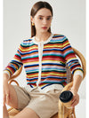 COMOBOCA Women's Ribbed Rainbow Striped Knit Cardigan