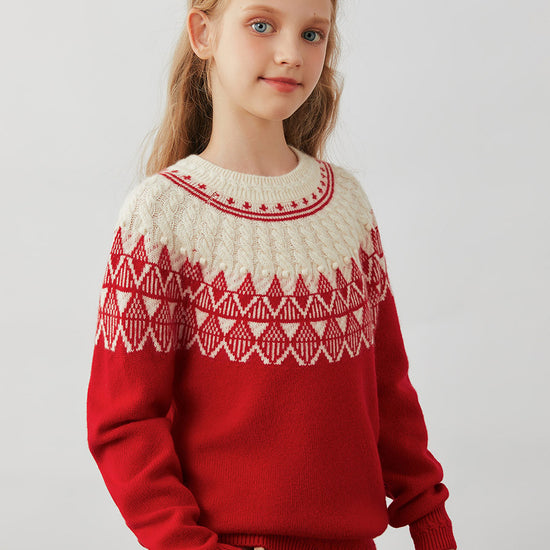 COMOBOCA 100% Wool Kids' Fair Isle Pattern Round Neck Sweater
