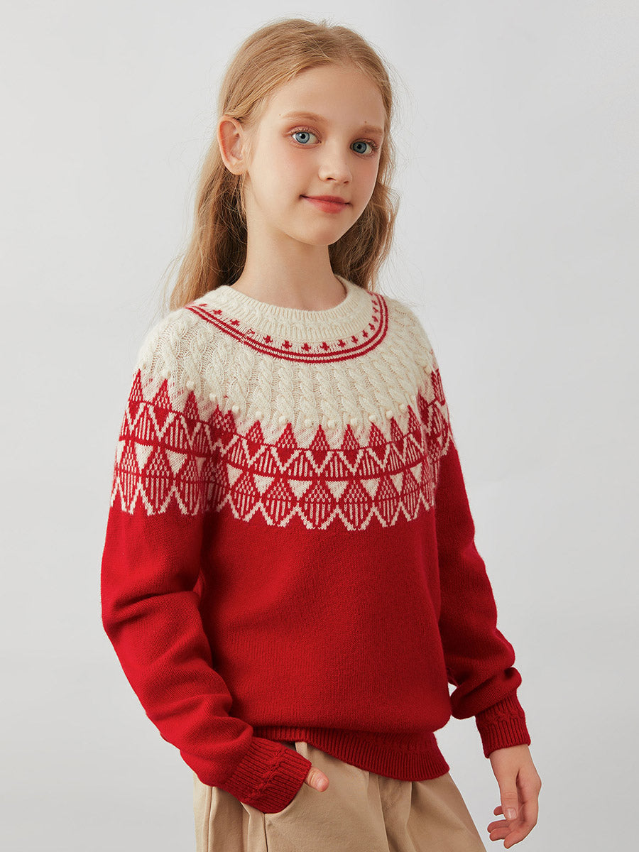 COMOBOCA 100% Wool Kids' Fair Isle Pattern Round Neck Sweater