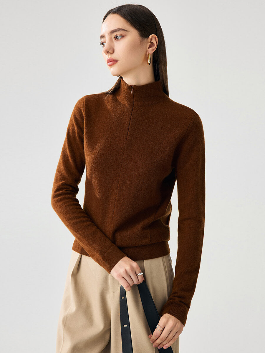 COMOBOCA Brown 100% Cashmere Women's Half-Zip Mock Neck Pullover Sweater
