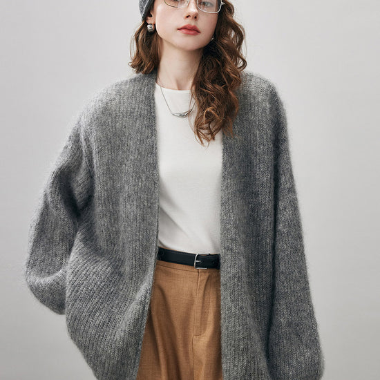 COMOBOCA M Gray Women's Mohair Fluffy Open Front Cardigan
