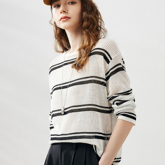 COMOBOCA Women's Striped Ribbed Round Neck Sweater