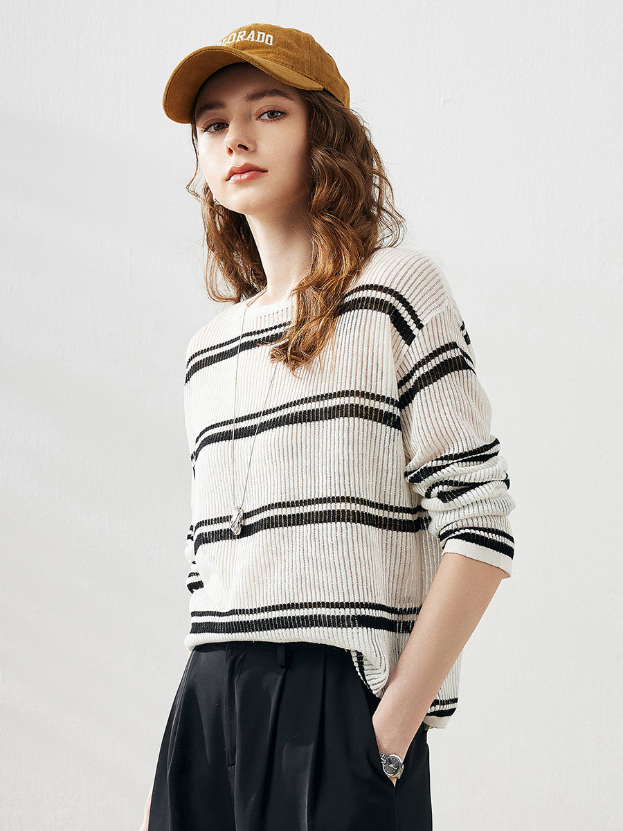 COMOBOCA Women's Striped Ribbed Round Neck Sweater