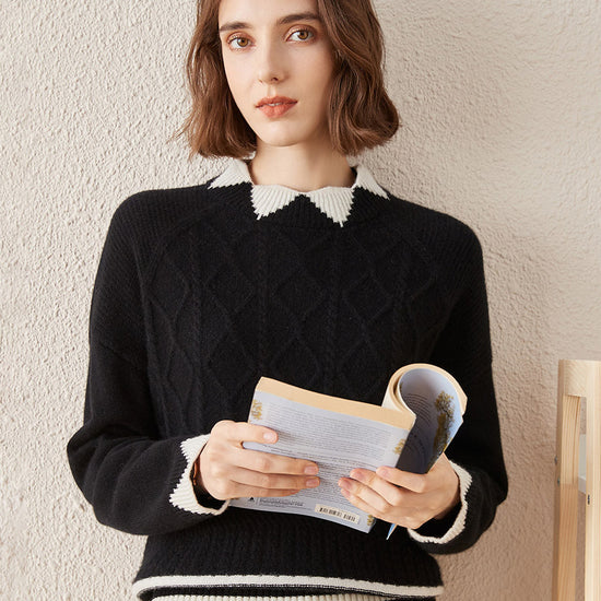 COMOBOCA 100% Cashmere Women's Contrast Jacquard Mock Neck Sweater