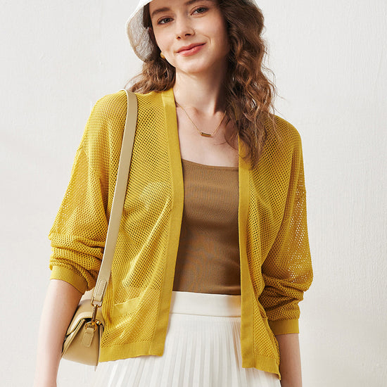 COMOBOCA Mustard Women's Open Front Mesh Knit Cardigan