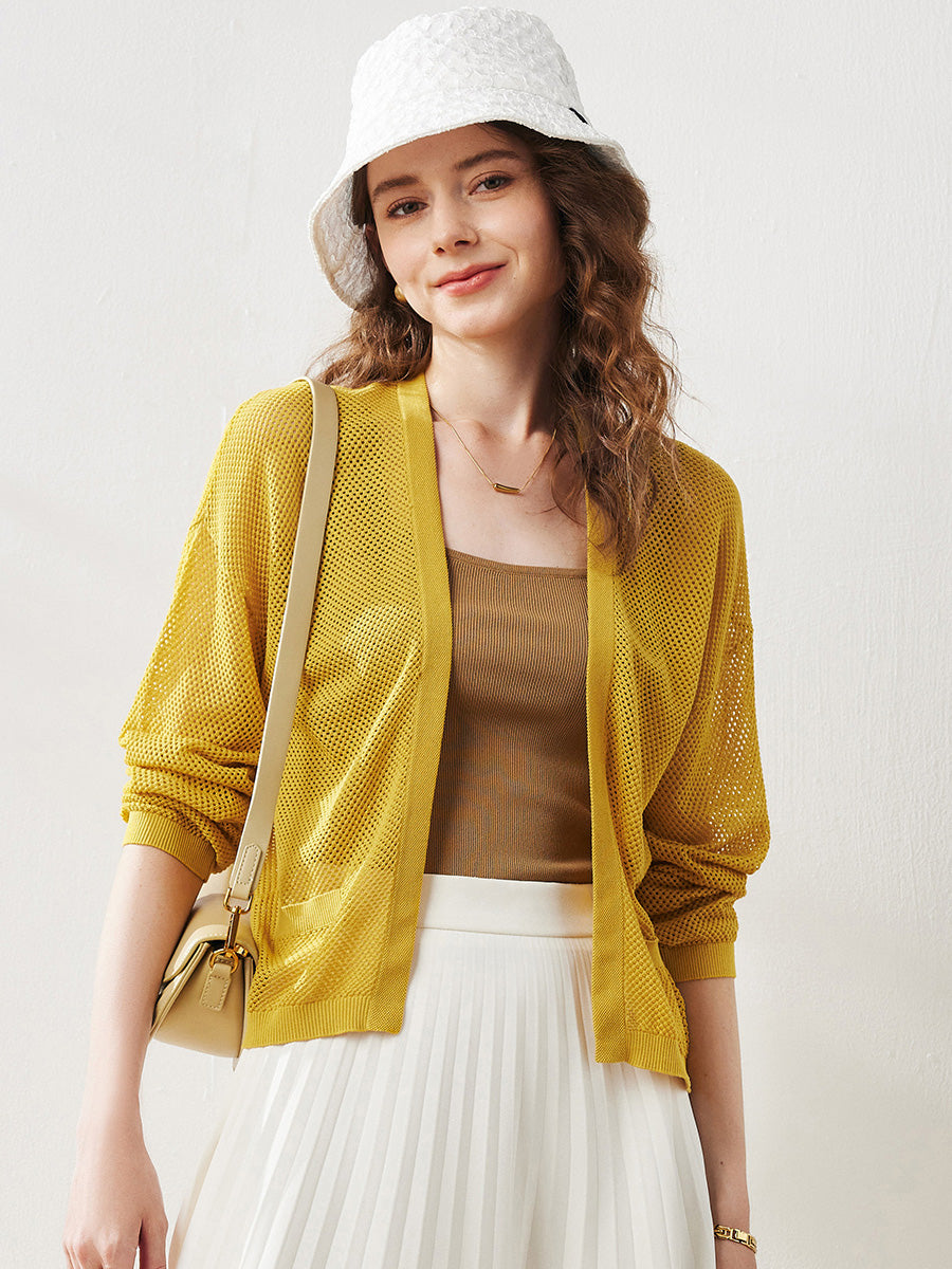 COMOBOCA Mustard Women's Open Front Mesh Knit Cardigan