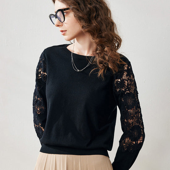 COMOBOCA Black Women's Lace Sleeve Round Neck Sweater