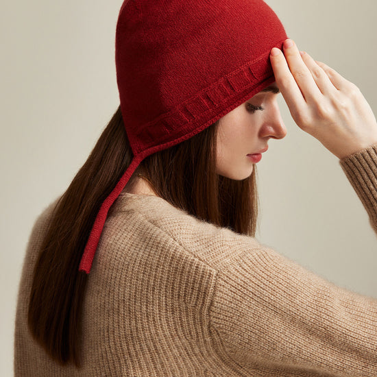 COMOBOCA 100% Cashmere Women's Knit Beanie with Ties
