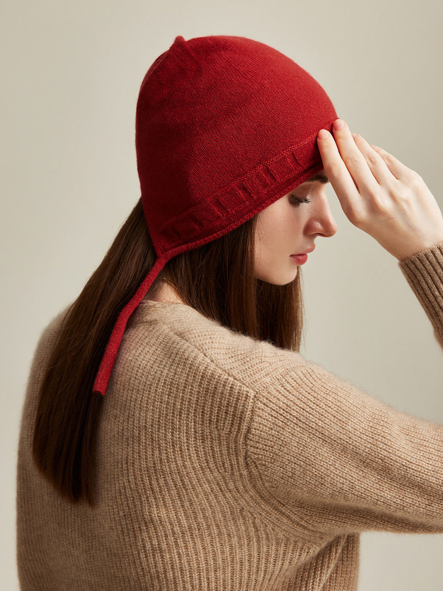 COMOBOCA 100% Cashmere Women's Knit Beanie with Ties