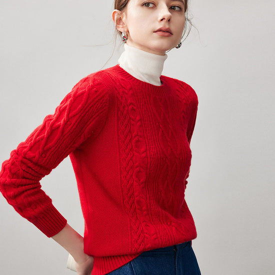 COMOBOCA 100% Cashmere Women's Cable Round Neck Knit Sweater