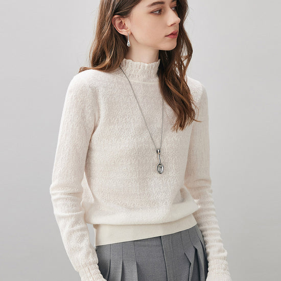 COMOBOCA 100% Wool Women's Ruffled Mock Neck Knit Sweater