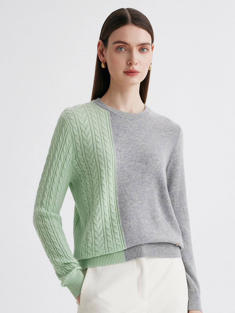 COMOBOCA 100% Cashmere Women's Color Block Cable Knit Sweater