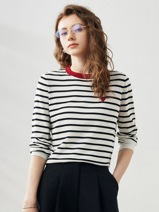 COMOBOCA Cloudy Women's Striped Heart Embroidered Cotton Silk Sweater