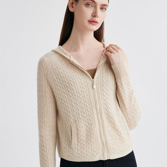 COMOBOCA 100% Cashmere Women's Cable Knit Zip Up Hoodie