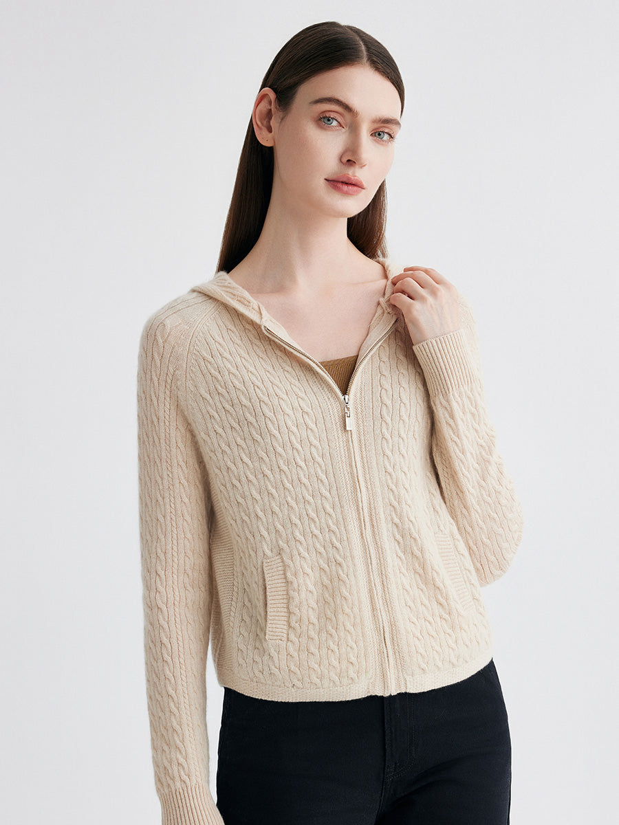 COMOBOCA 100% Cashmere Women's Cable Knit Zip Up Hoodie