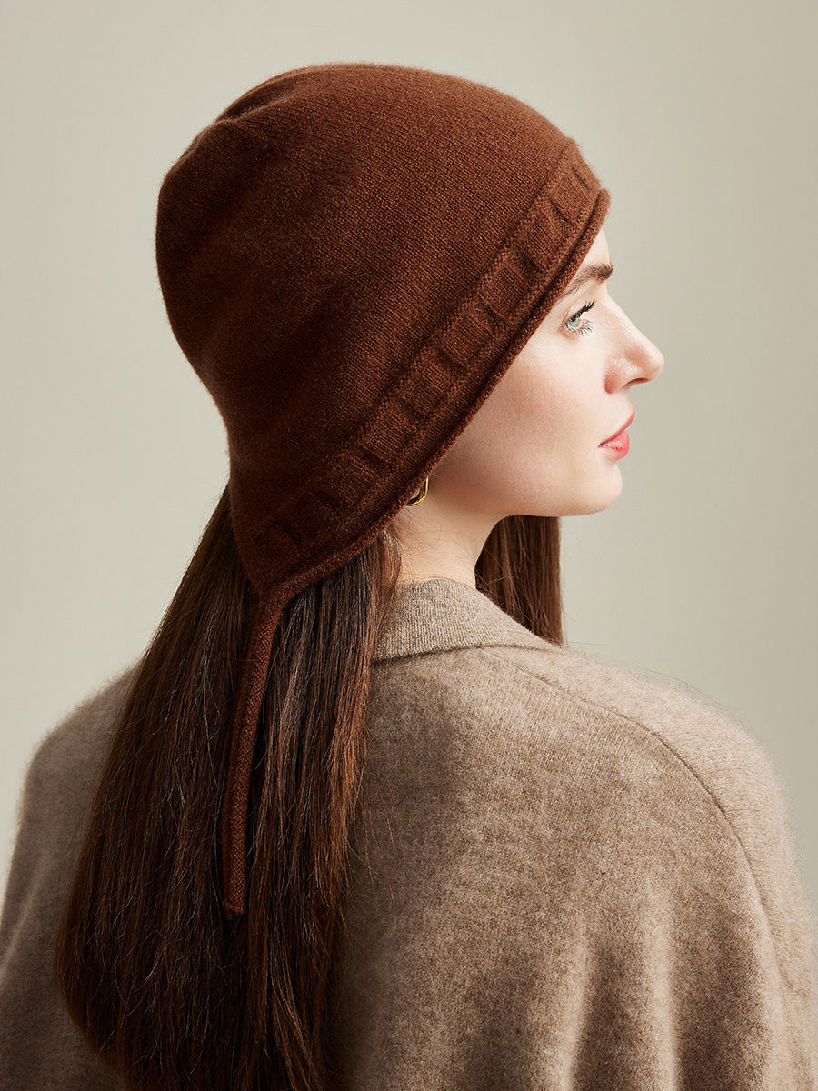 COMOBOCA 100% Cashmere Women's Knit Beanie with Ties