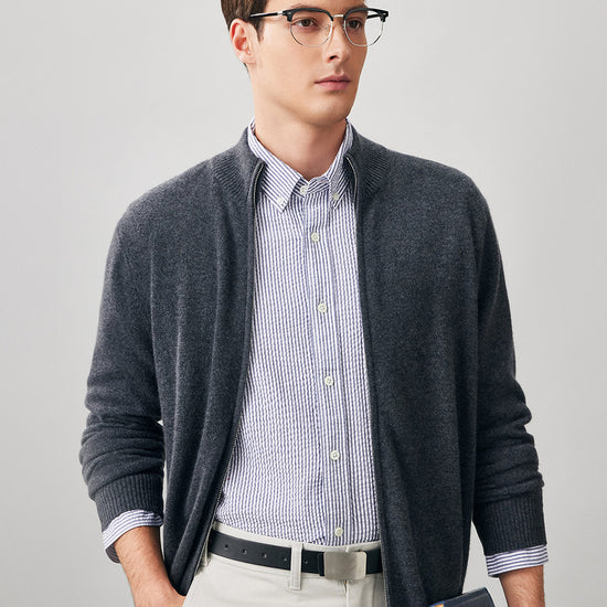 COMOBOCA 100% Cashmere Men's Full Zip Mock Neck Knit Cardigan