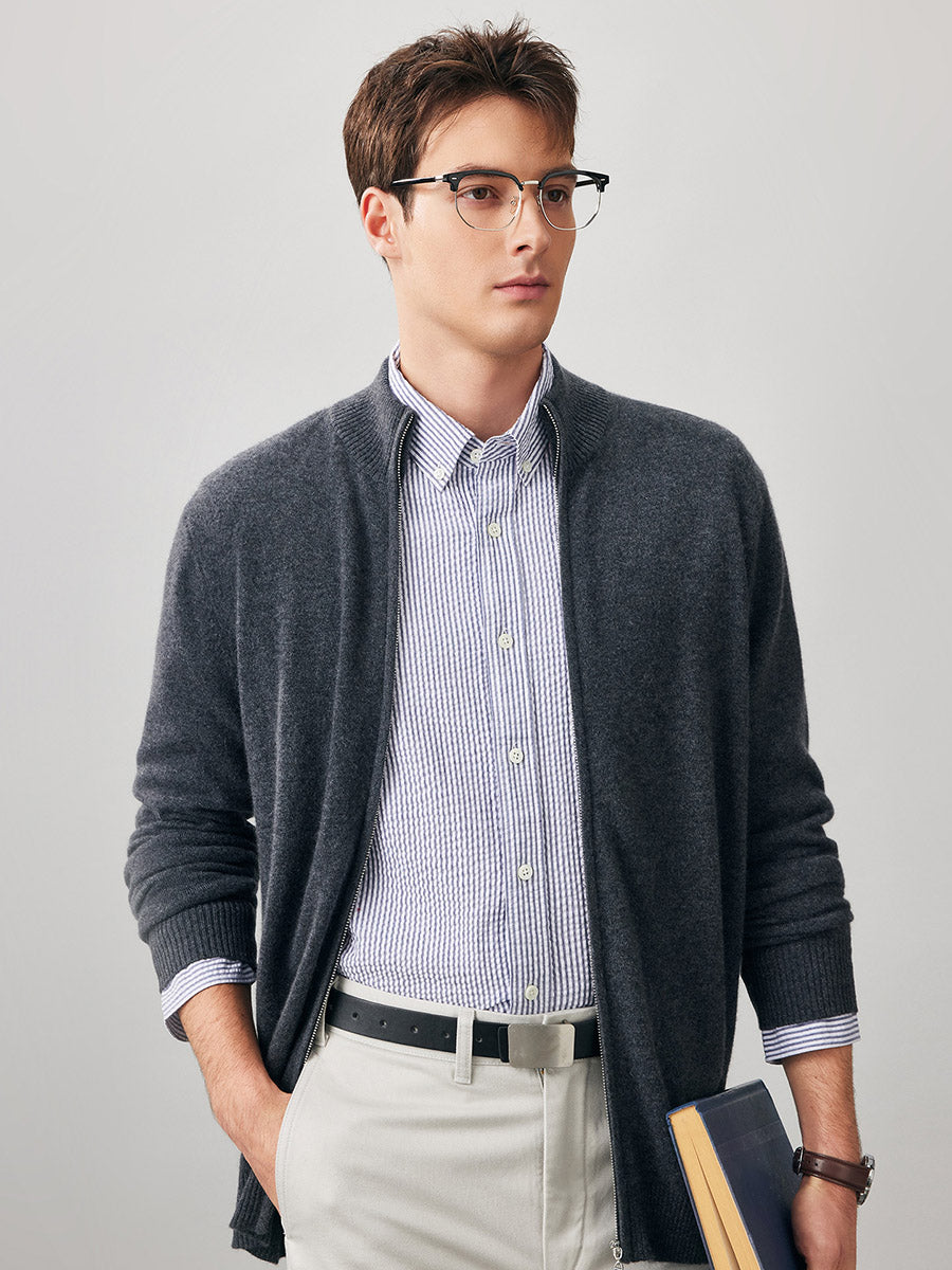 COMOBOCA 100% Cashmere Men's Full Zip Mock Neck Knit Cardigan