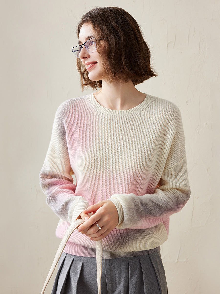 COMOBOCA Pink 100% Cashmere Women's Gradient Color Knit Sweater