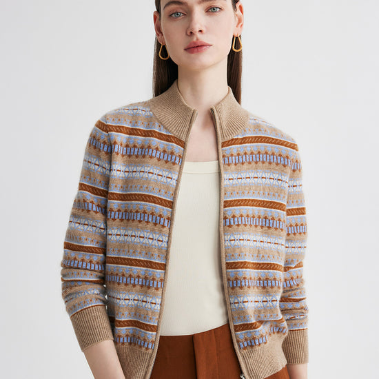 COMOBOCA 100% Cashmere Women's Fair Isle Double Zip Cardigan