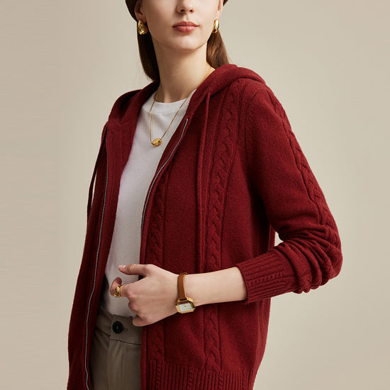 COMOBOCA 100% Wool Women's Cable Knit Zip Cardigan Hoodie