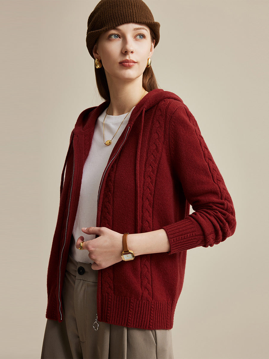COMOBOCA 100% Wool Women's Cable Knit Zip Cardigan Hoodie