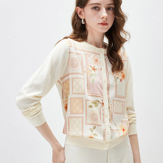 COMOBOCA Women's Printed Panel Knit Cardigan