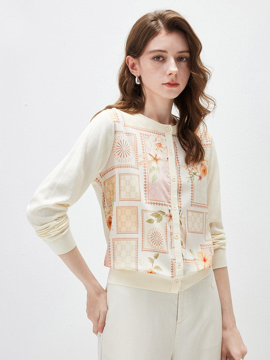 COMOBOCA Women's Printed Panel Knit Cardigan