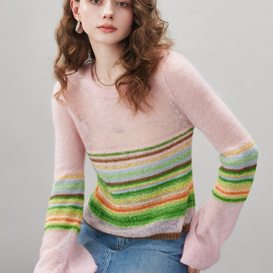 COMOBOCA Women's Rainbow Striped Flared Sleeve Sweater