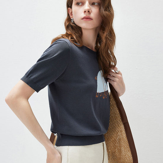 COMOBOCA Women's Elephant Intarsia Ribbed Knit T-Shirt
