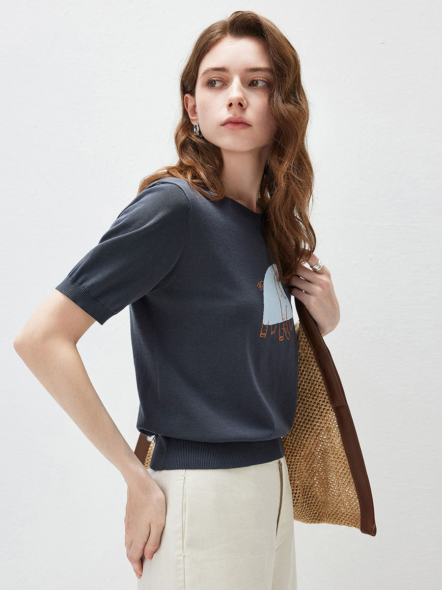 COMOBOCA Women's Elephant Intarsia Ribbed Knit T-Shirt