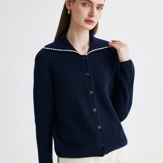 COMOBOCA 100% Cashmere Women's Contrast Trimmed Collared Knit Cardigan