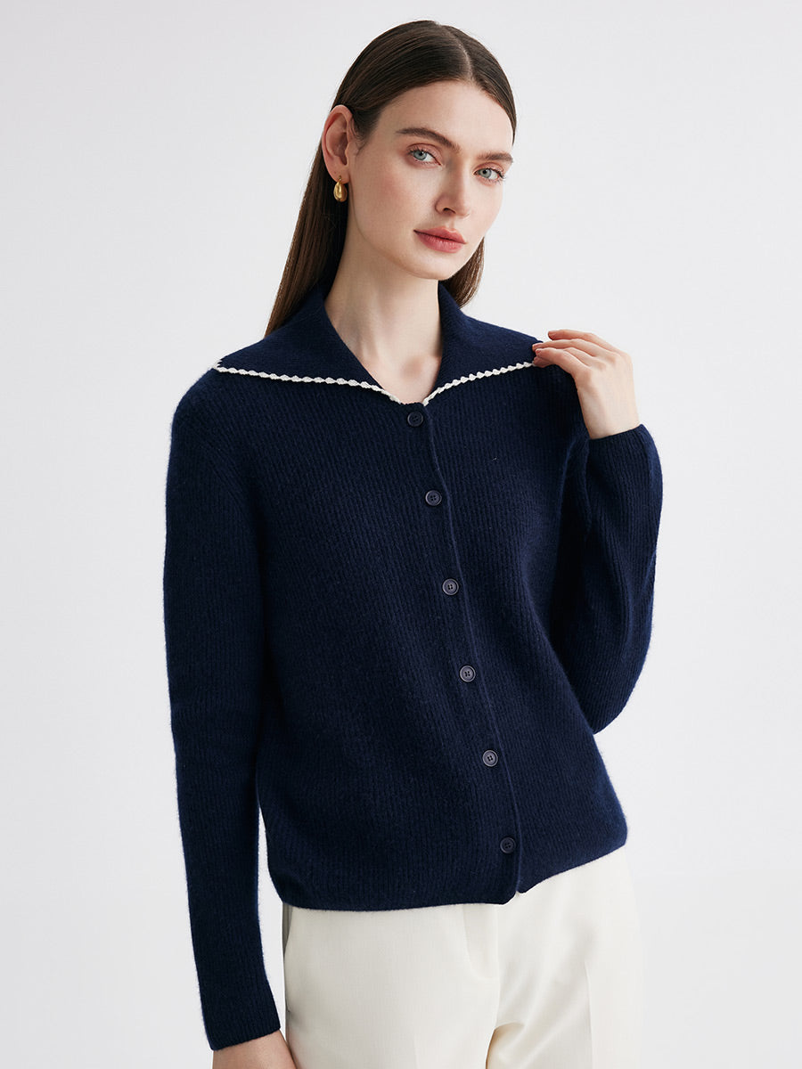 COMOBOCA 100% Cashmere Women's Contrast Trimmed Collared Knit Cardigan