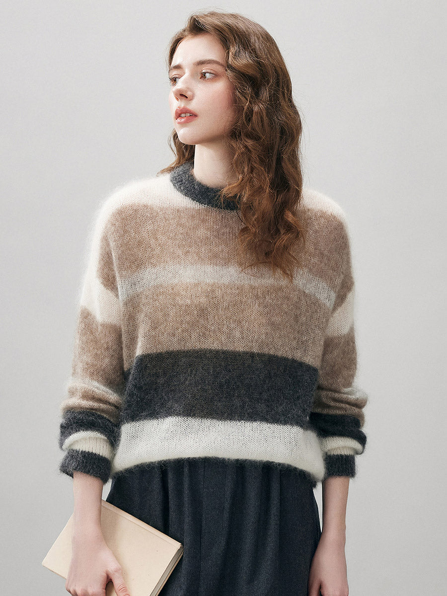 COMOBOCA Women's Mohair Striped Round Neck Sweater