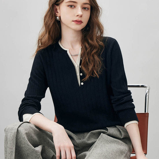 COMOBOCA 100% Wool Women's Ribbed Contrast Trim Sweater