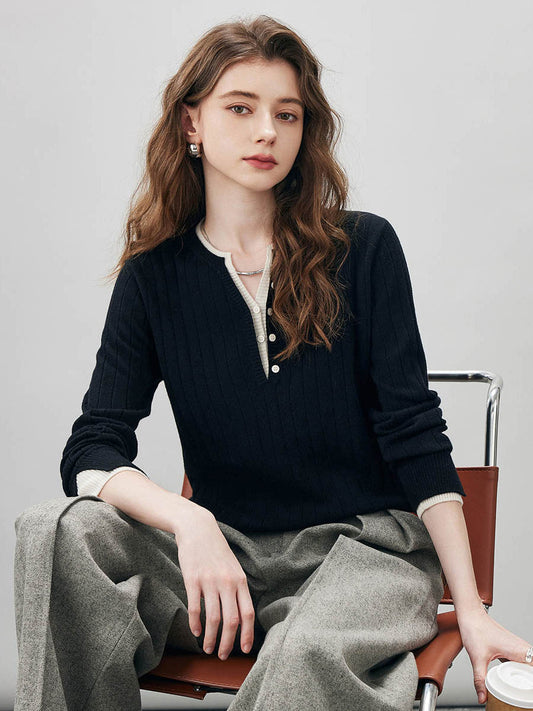 COMOBOCA 100% Wool Women's Ribbed Contrast Trim Sweater