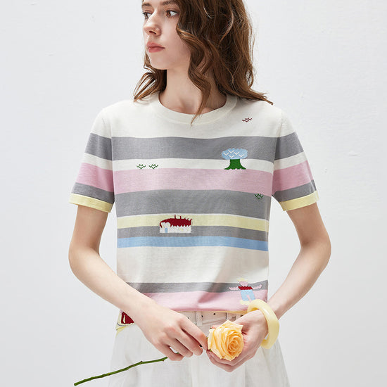 COMOBOCA Women's Farm Scene Striped Knit T-Shirt