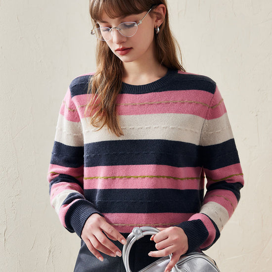 COMOBOCA Pink 100% Wool Women's Cozy Striped Knit Sweater