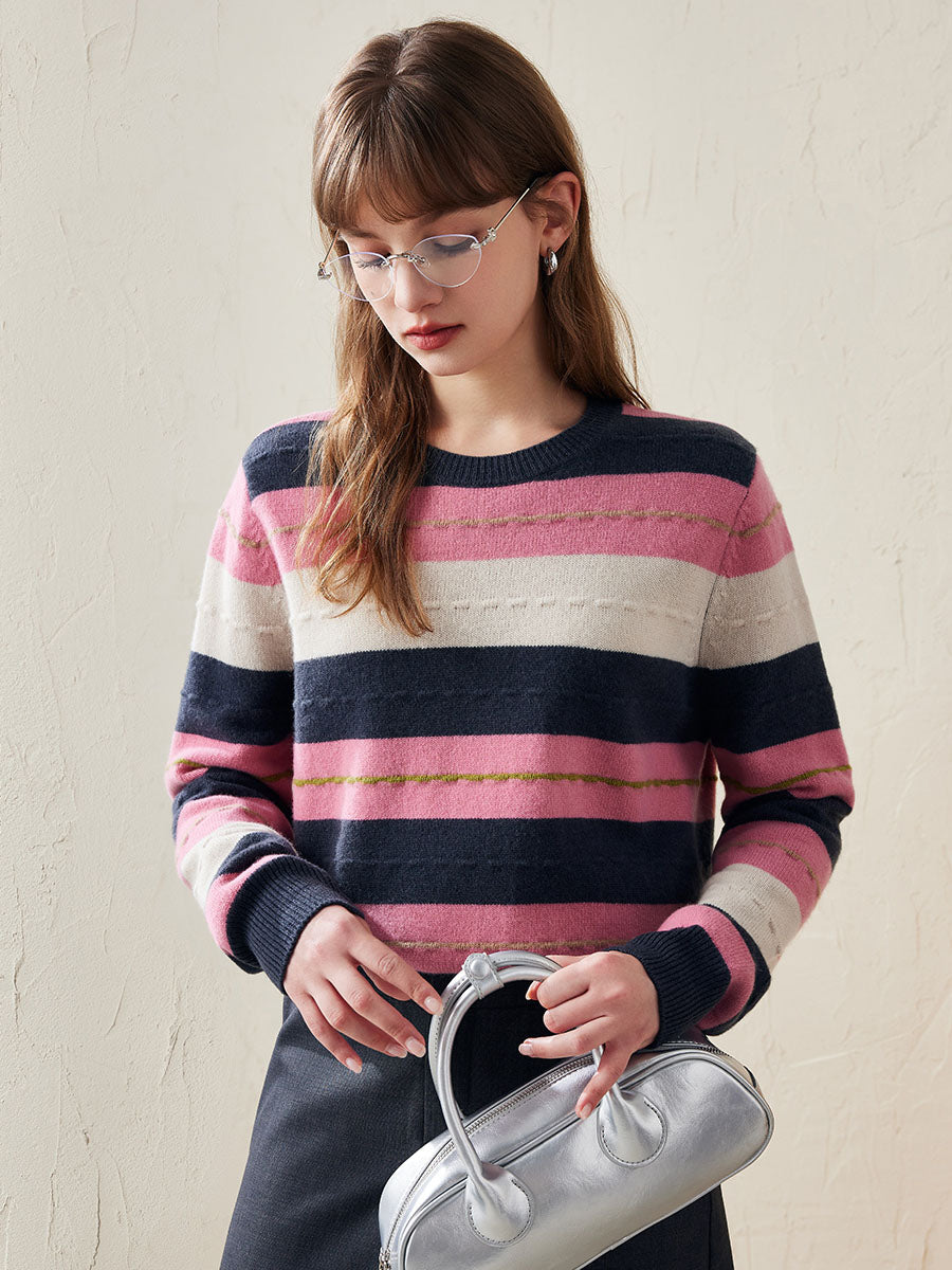 COMOBOCA Pink 100% Wool Women's Cozy Striped Knit Sweater