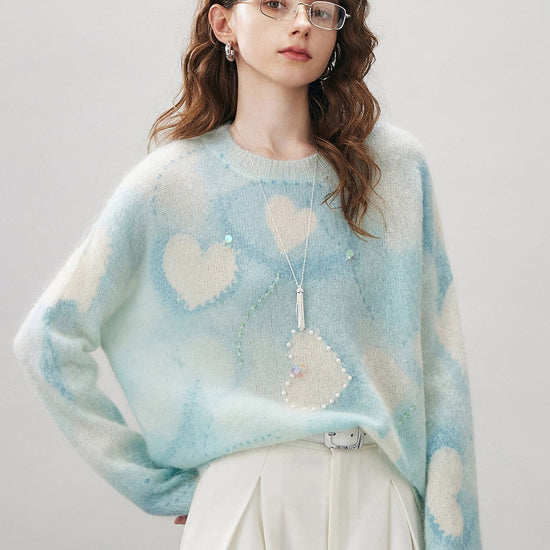 COMOBOCA Women's Heart Printed Round Neck Sweater