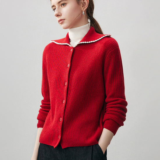 COMOBOCA 100% Cashmere Women's Contrast Trimmed Collared Knit Cardigan