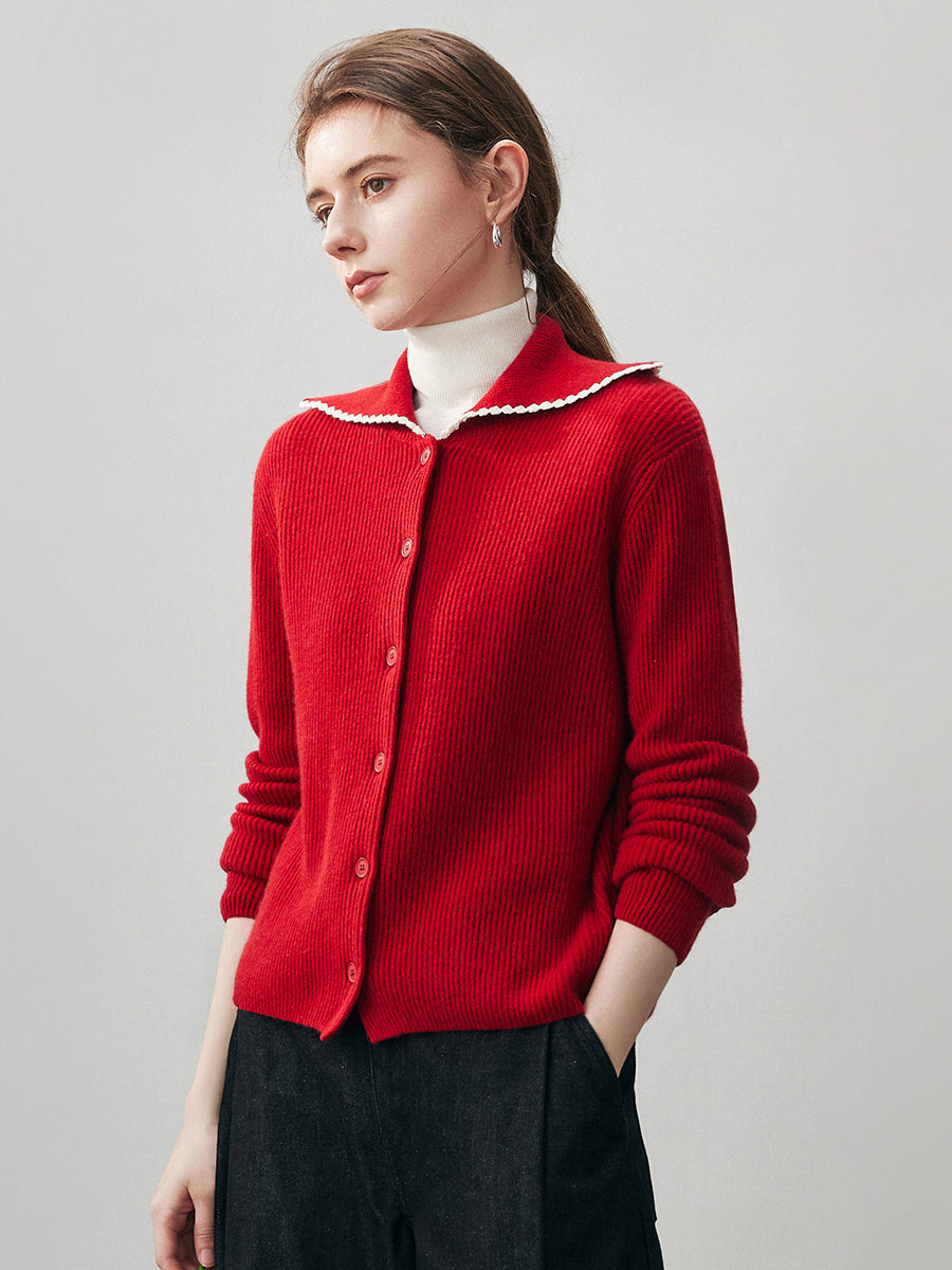 COMOBOCA 100% Cashmere Women's Contrast Trimmed Collared Knit Cardigan