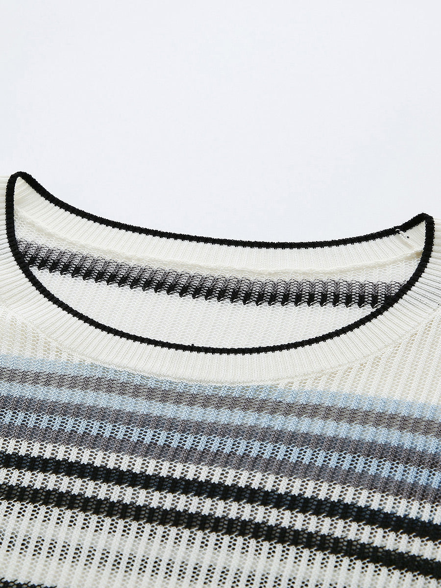 COMOBOCA Women's Striped Ribbed Round Neck Sweater